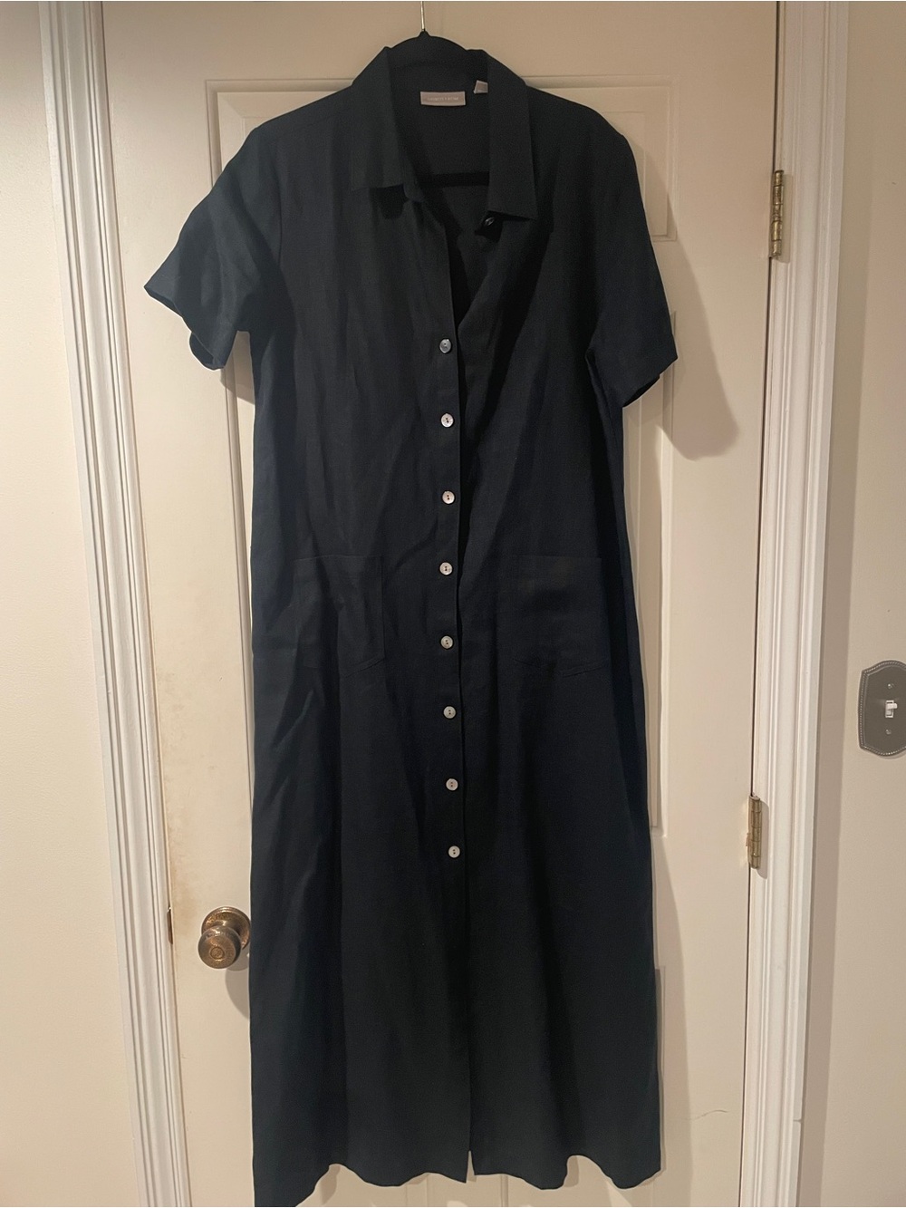 Vintage Long Black Maxi 100% Linen Nordstrom Button Front Dress 10 Short Sleeve